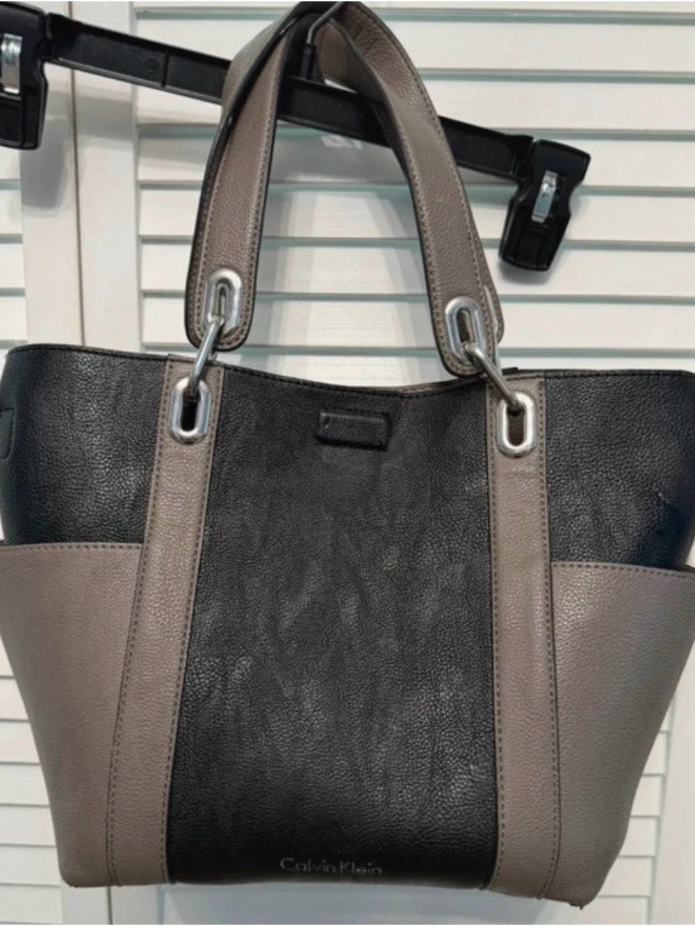 Calvin Klein Black and Taupe Two-Tone Leather Tote